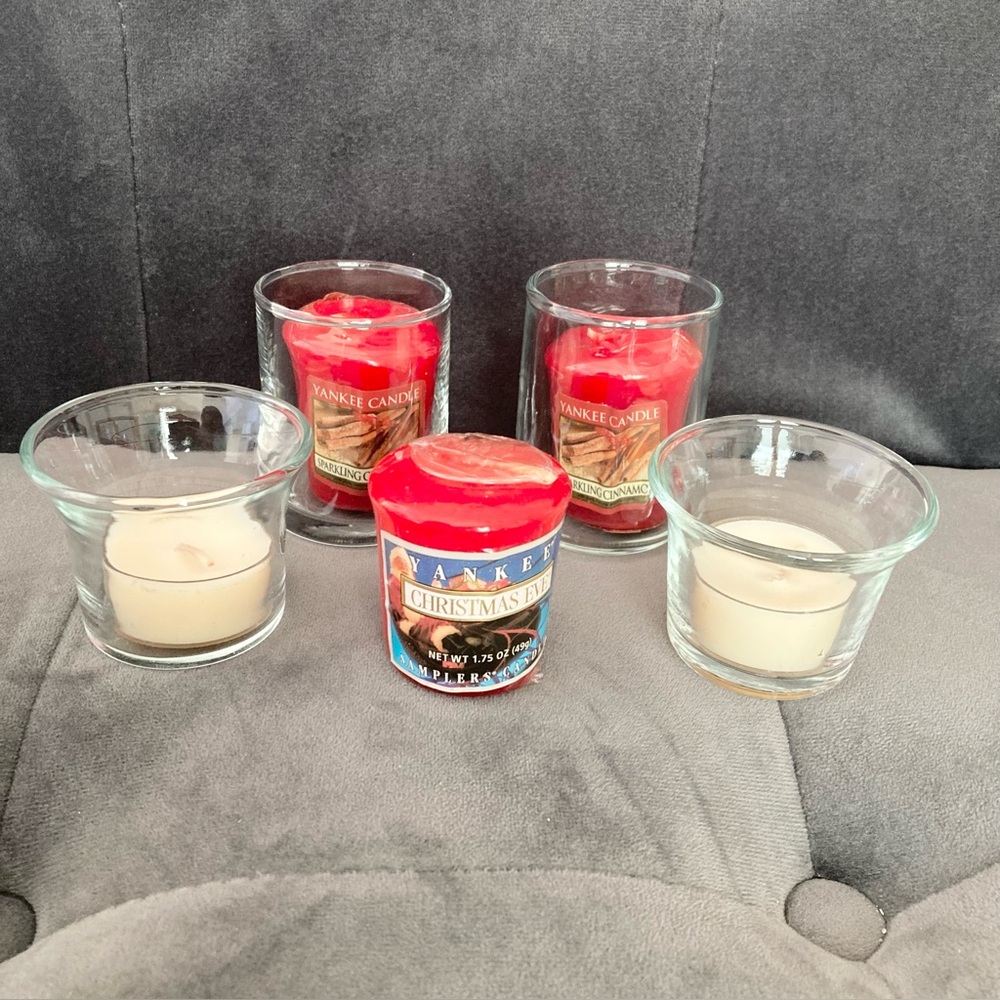 4 Glass Votive Candle Holders, 3 Yankee Candle Votive Candles, 2 Tea Lights